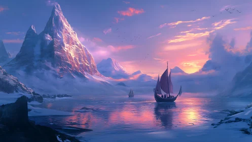 Viking longships crossing glacial fjord at luminous polar dusk