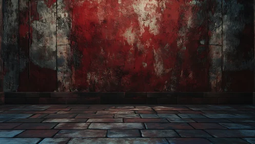 Red textured wall meets tiled floor in an empty interior