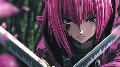 Pink haired anime swordswoman locks blades in a tense duel