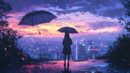 Solitary figure with umbrella overlooking rainy neon city.