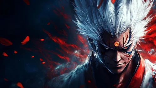 White-haired demonic warrior portrait with fiery chakra eye