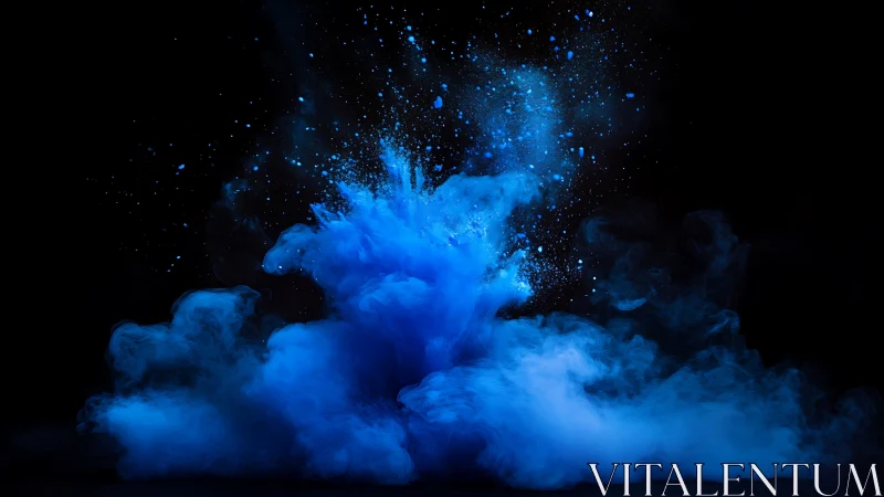 Electric blue pigment cloud expands against deep black void