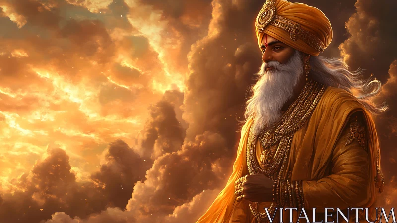 Regal elder in golden robes against glowing storm clouds.