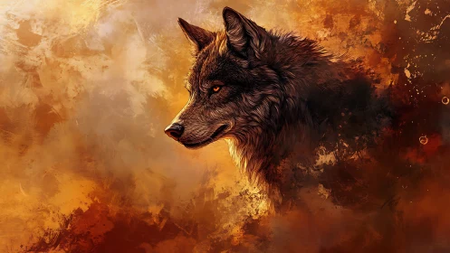 Cinematic wolf portrait with fiery abstract brushwork background
