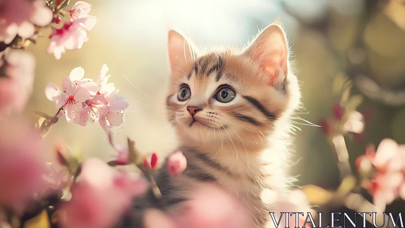 Tabby Kitten Surrounded by Delicate Pink Blossoms.