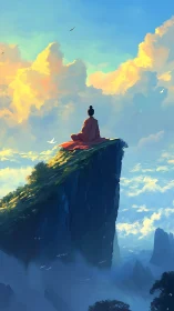 Monk in orange robe meditating on high cliff above clouds.