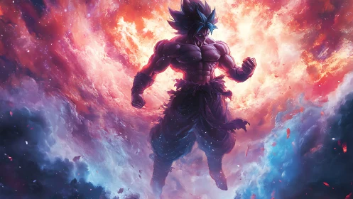 Cosmic warrior ignites storm-bright nebula with raw power