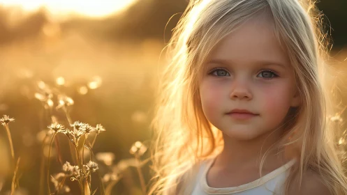 Young Girl in Backlit Field Meadow with Golden Hour Bokeh.