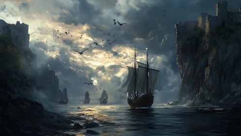 Storm-lit galleon enters shadowed fortress strait at dusk.