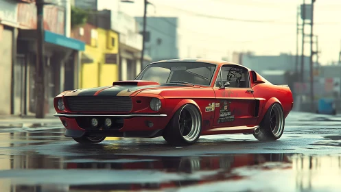 Red classic muscle car on wet urban street at sunrise.