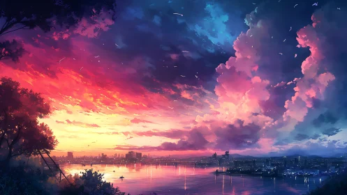 City river skyline under radiant neon sunset clouds.