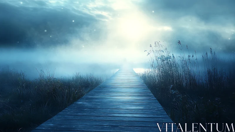 Mystic wooden pier vanishing into luminous foggy horizon.