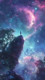 Stargazing dreamer stands on a cliff beneath glowing cosmic skies