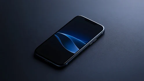 Dark smartphone with dynamic blue display on neutral gray surface