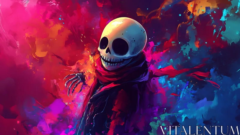 Grinning skull figure in vivid abstract color field.