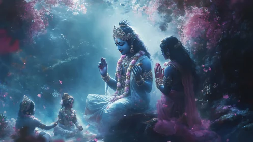 Divine blue deity in floral forest glade with devotees seated