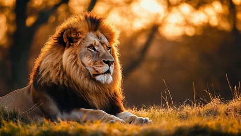 Golden sunset rests gently on a calm, watchful lion