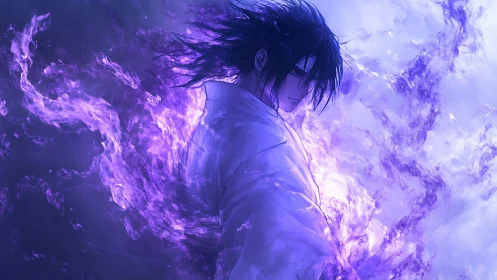 Energetic anime combatant in violet plasma turbulence field.