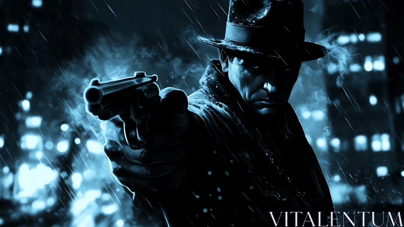 Noir detective aiming revolver in rainy night city street.