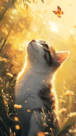 Golden hour kitten watching butterfly in wildflowers.