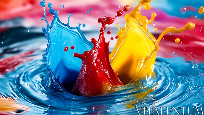 Primary color liquid splashes captured in dynamic motion.