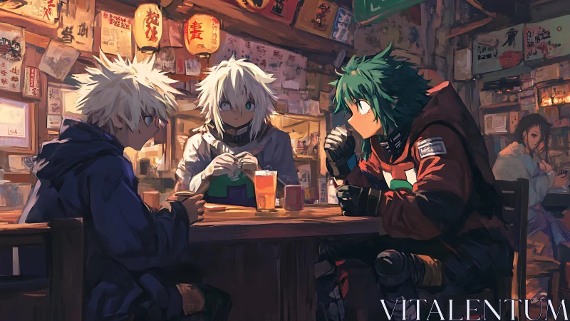 Anime trio share tense ramen bar meeting at night.