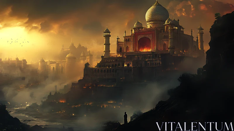 Ember-drenched palace at dusk watched from a shadowed ravine.