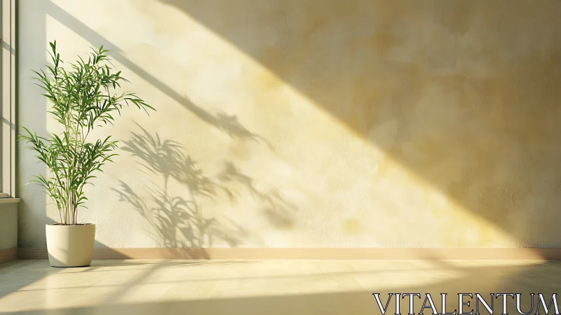 Sunlit corner plant casting slow afternoon whispers on wall.