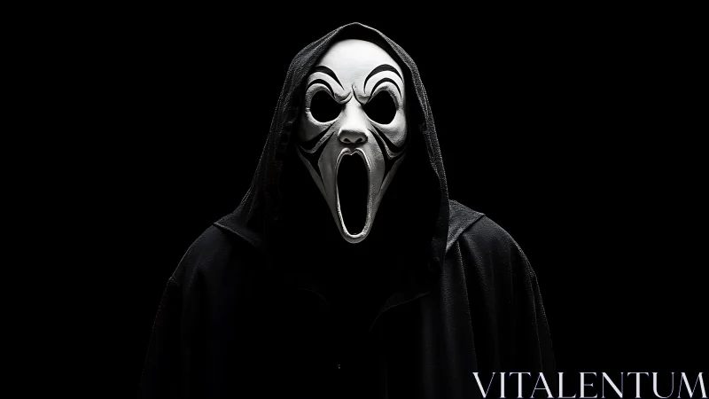 Hooded midnight screamer masked in sculpted white terror.