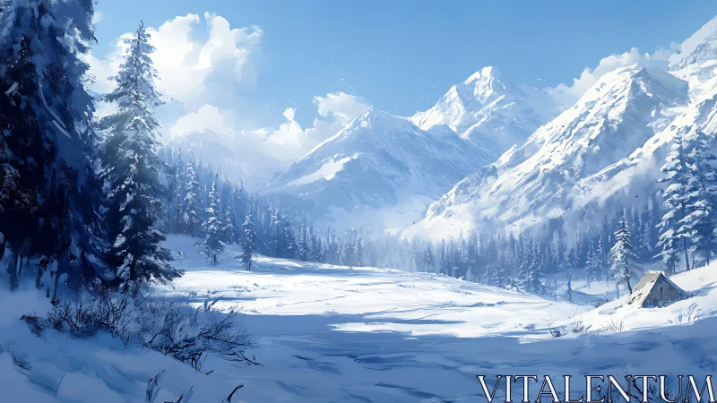 Winter mountain valley with snowbound forest and cabin.