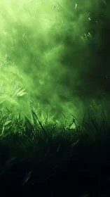 Emerald mist sweeps over shadowed grass in eerie twilight