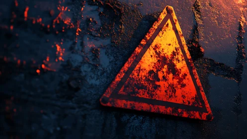 Rust-kissed warning triangle glows against dark wet wall
