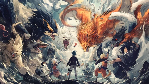 Naruto battle lineup with tailed beasts in stormy clash.
