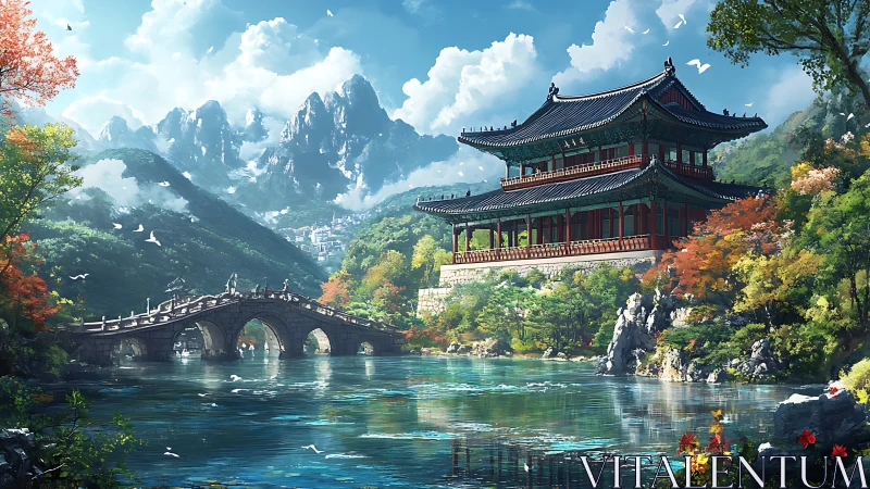 Digital landscape of pagoda, arch bridge and alpine lake environment.