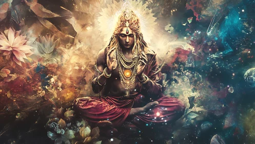 Mystic cosmic deity in radiant lotus meditation vision.