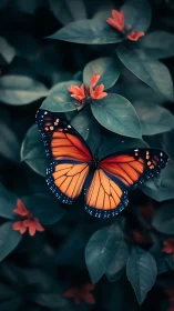 Monarch butterfly on dark green foliage with red flowers.