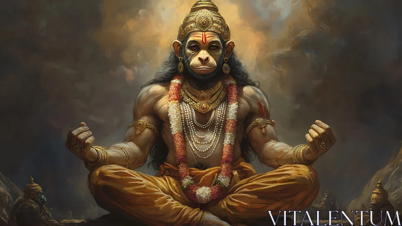 Radiant monkey warrior deity rests in calm, golden power