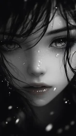 Wet haired girl gazes forward through drifting water droplets