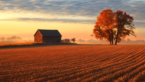 Sunlit autumn barn beside orange trees over plowed field