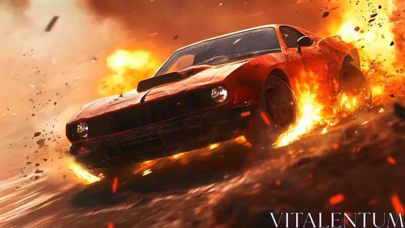 Muscle car drifts through explosive firestorm in cinematic slow motion