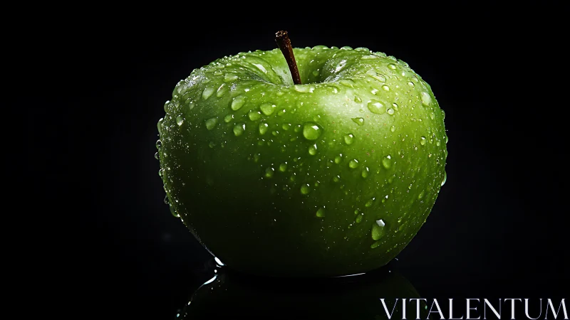 Midnight spotlight on a dewy emerald green apple.