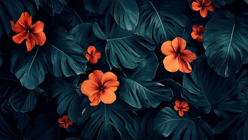 Vibrant orange flowers with dark teal tropical foliage.