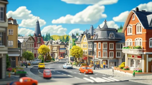 Colorful low-poly European town rendered with tilt-shift depth control