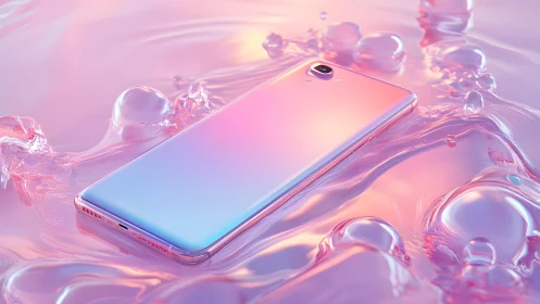 Sleek pastel smartphone on glossy liquid surface, dreamy lighting.