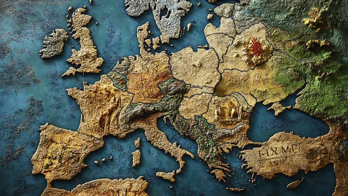 Textured fantasy map of Europe inviting curiosity and wonder.