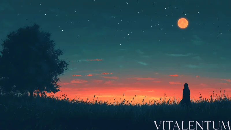 Lunar-illuminated grassland silhouette under chromatic dusk sky.