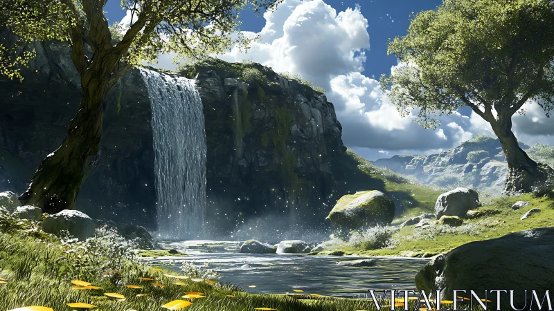 Sunlit digital waterfall valley with trees and bright clouds.