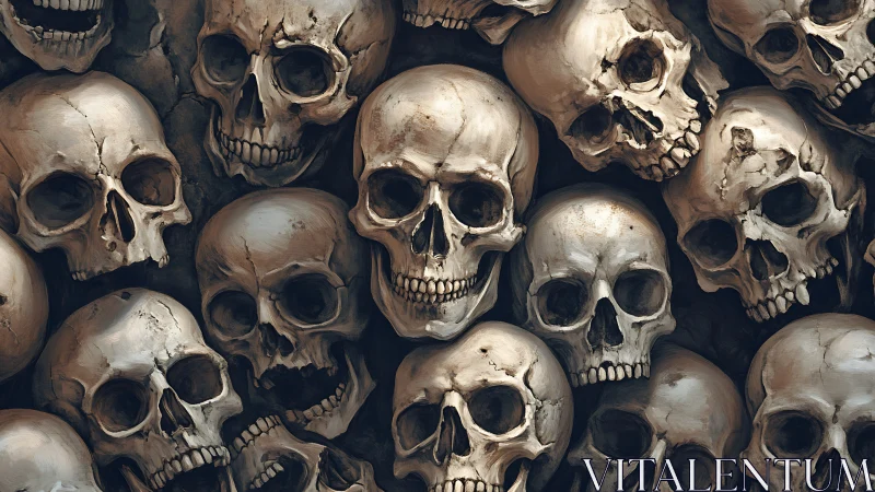 Dense anatomical skull cluster rendered with chiaroscuro lighting