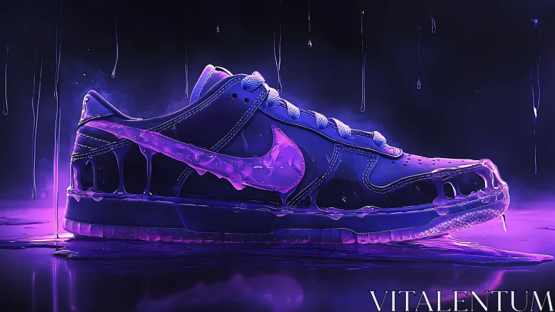 Neon sneaker glows under dripping ultraviolet liquid haze.