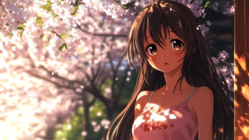 Gentle spring moment beneath glowing cherry blossoms.